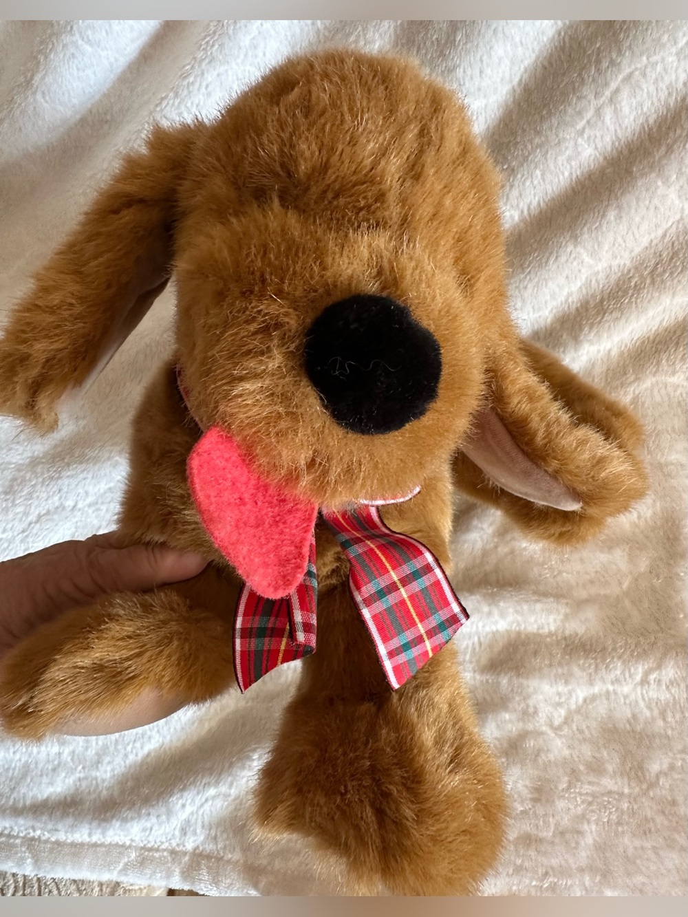 Vintage GUND Puppy Dog Plush Golden Retriever Plaid Bow Felt Tongue 16" Stuffie